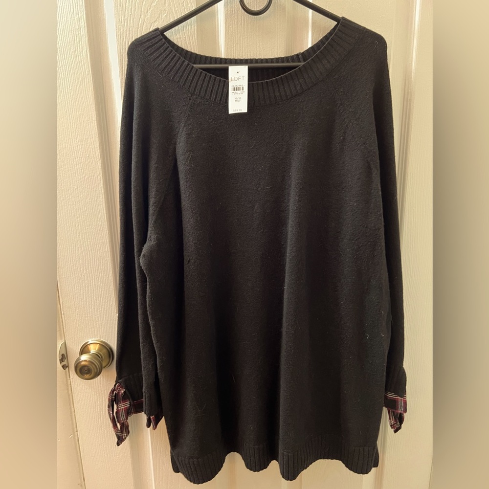NWT LOFT 16/18 Black Sweater with Plaid Sleeves Layer w/ Ties